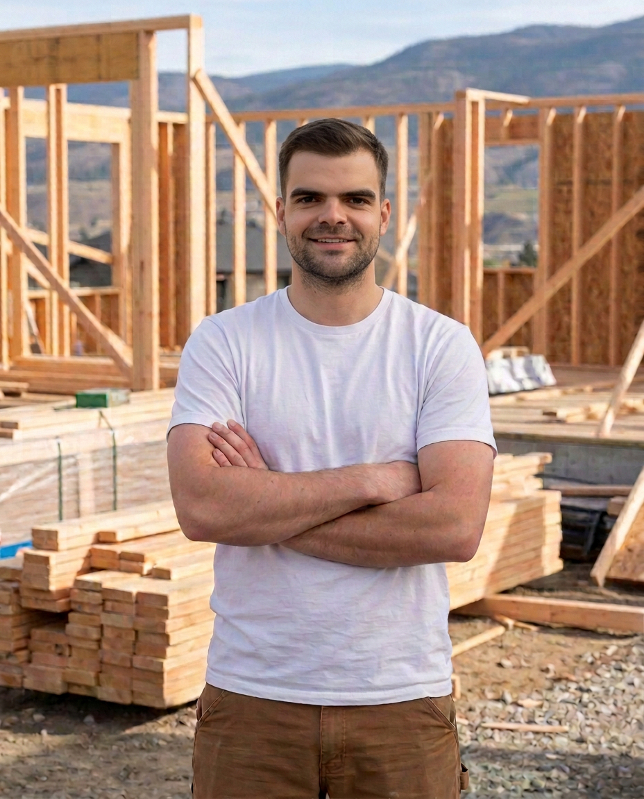 Illustrative portrait of Timmy smiling with crossed arms at a timber-framed construction site