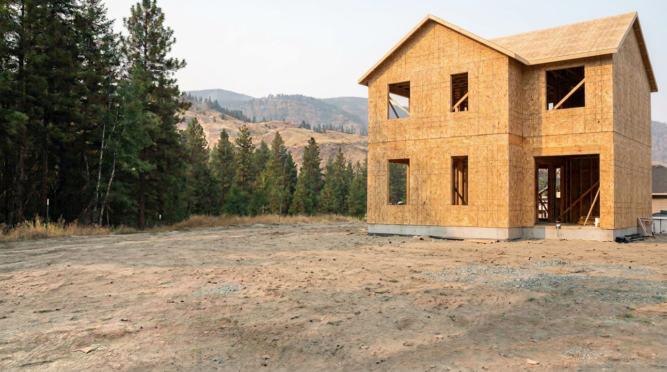Illustrative construction site with an unfinished sheathed house in the Okanagan